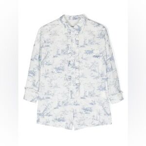 PHILOSOPHY DI LORENZO SERAFINI Graphic-print Ruffled Cotton Jumpsuit In Blue